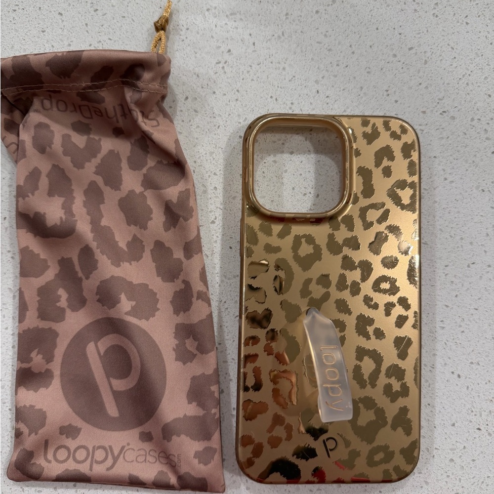 Loopy Case Gold Leopard Print iPhone Case with Pink Drawstring Pouch